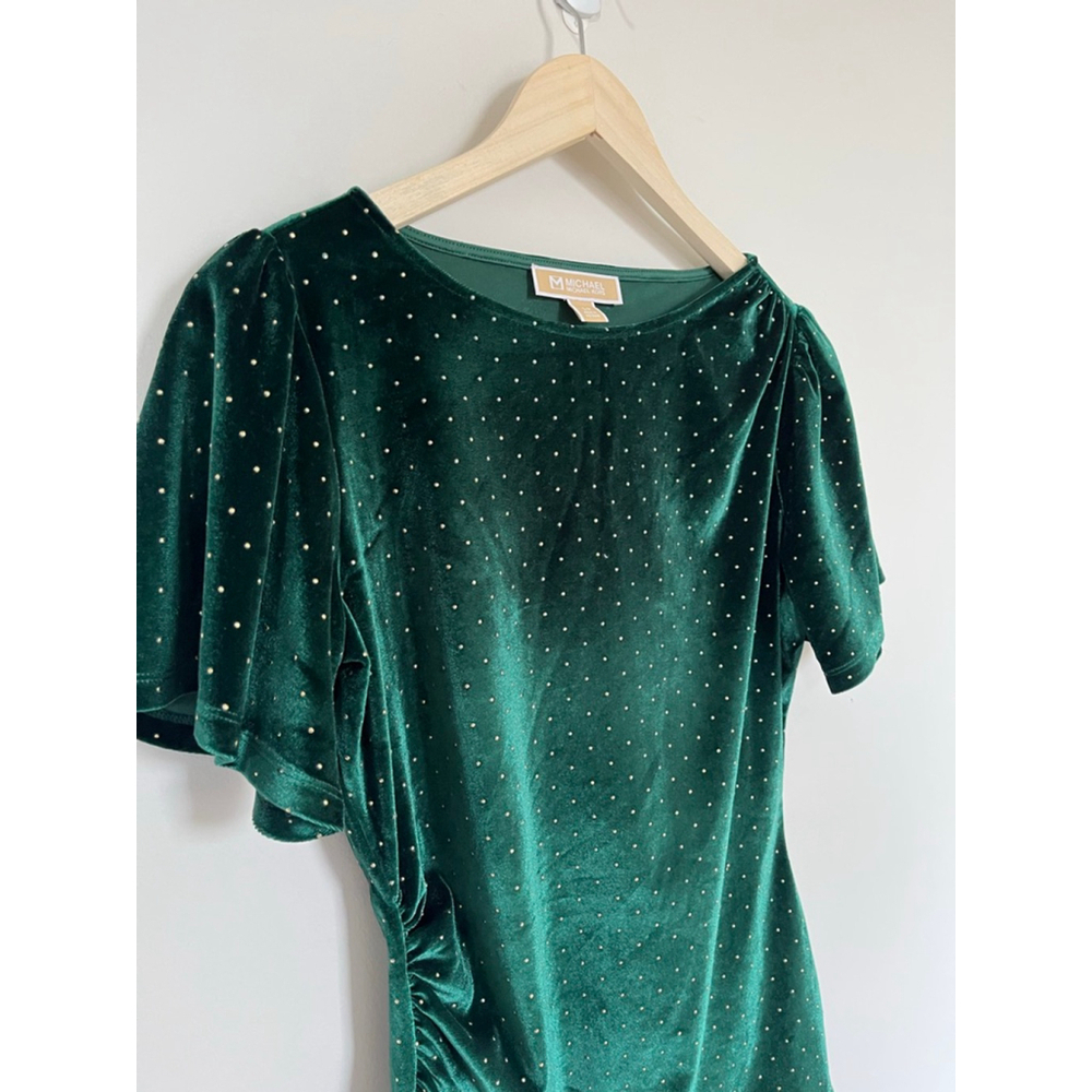 Michael Kors Dark Green Gold Studded Velvet Short Ruffle Sleeve Ruched Blouse - Picture 2 of 7